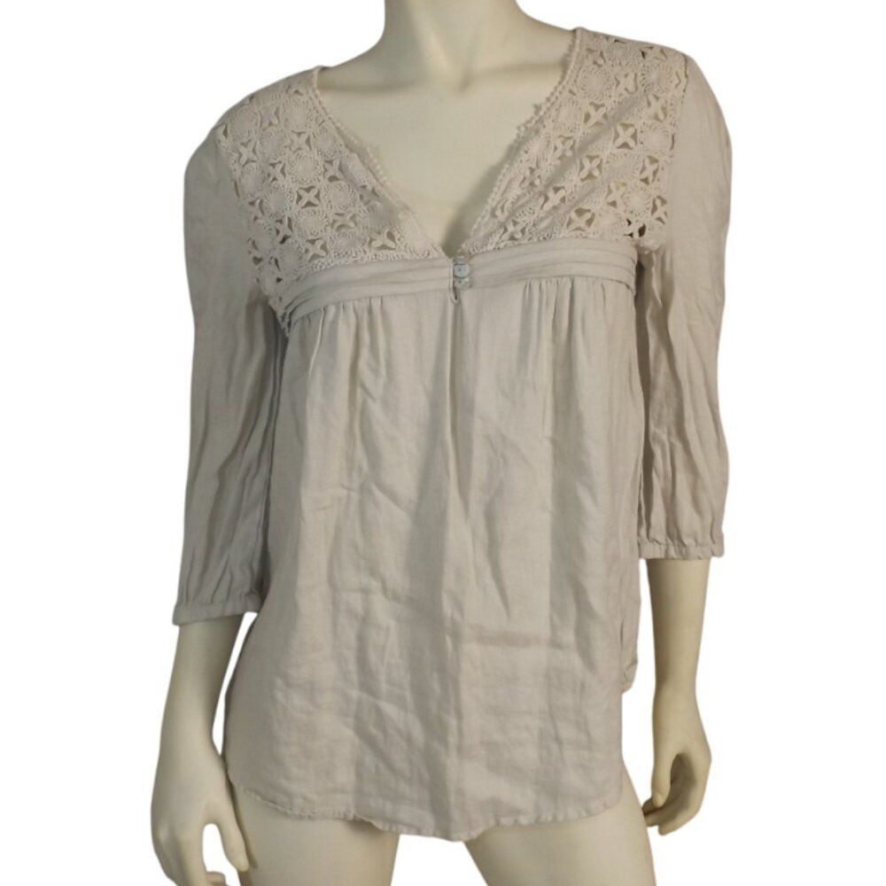 MALVIN Linen Blouse/Tunic, 8, Beige/Tan, 3/4 sleeves, Crochet Yoke/Upper